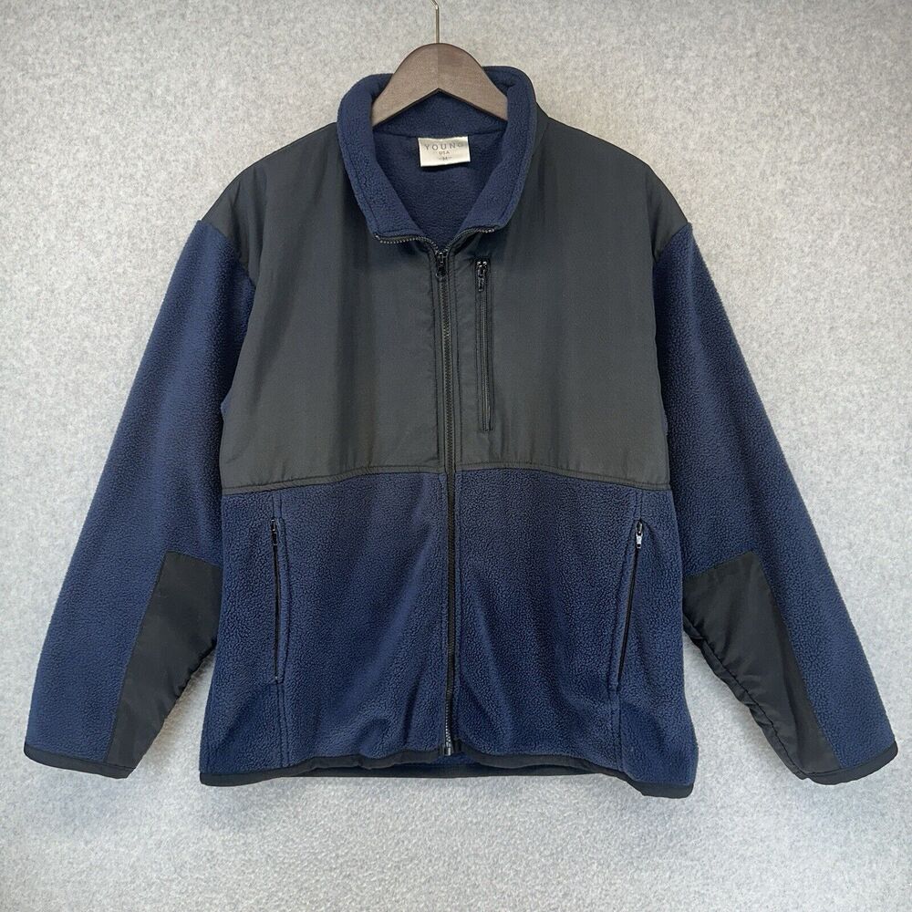Young USA Mens Fleece Jacket Lightweight Black Blue Full Zip Zippered Pockets M
